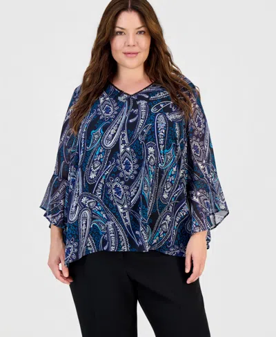 Kasper Plus Size V-neck Ruffle-sleeve Blouse In Black Multi