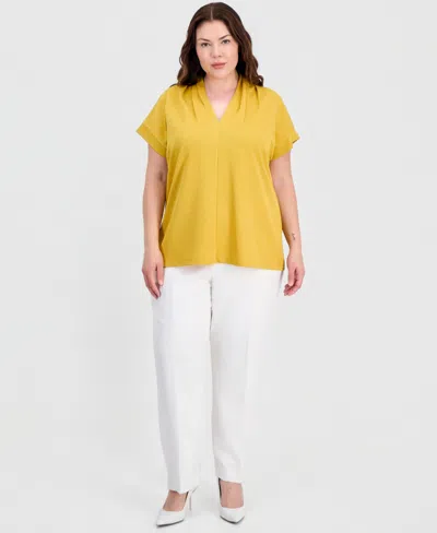 Kasper Plus Size V-neck Short-sleeve Blouse In Yellow
