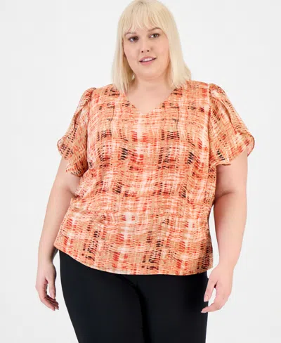 Kasper Plus Size V-neck Tulip-sleeve Top In Orange