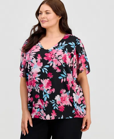 Kasper Plus Size V-neck Tulip-sleeve Top In Multi