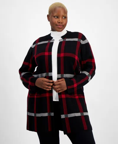 Kasper Plus Size Windowpane-print Open-front Cardigan In Black,fire Red