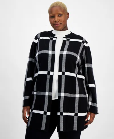 Kasper Plus Size Windowpane-print Open-front Cardigan In Black,white