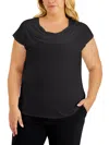 Kasper Plus Size Stretch Knit Short-sleeve Cowl-neck Top In Black