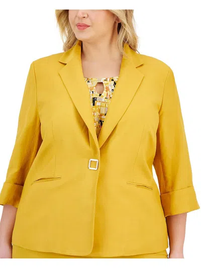 Kasper Plus Womens Linen Office One-button Blazer In Yellow