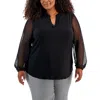 Kasper Plus Size Dot-sleeve Split-neck Top In Black