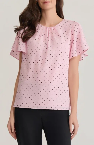 Kasper Polka Dot Flutter Sleeve Top In Pink