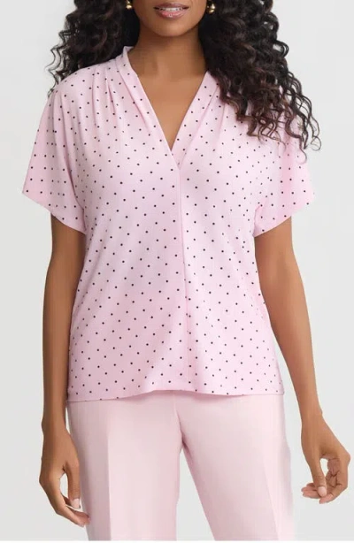 Kasper Polka Dot Pleated Shoulder Top In Pink