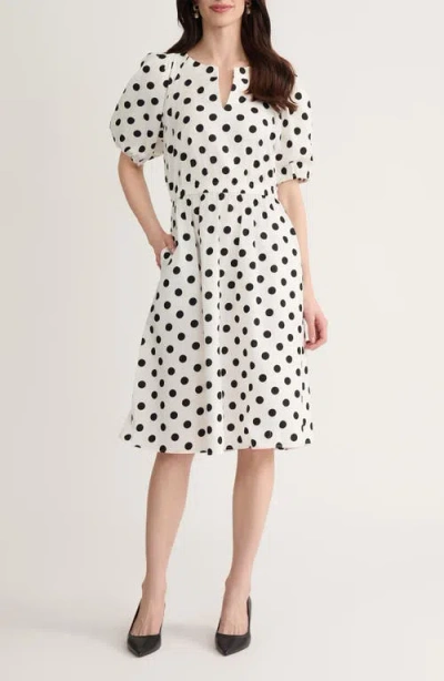 Kasper Polka Dot Puff Sleeve Elastic Waist Stretch Cotton Dress In White