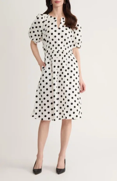 Kasper Polka Dot Puff Sleeve Stretch Cotton Dress In White