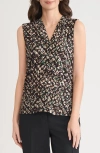 Kasper Print Pleated Sleeveless Shell In Gray
