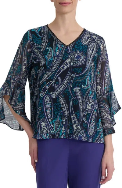 Kasper Print Ruffle Sleeve Top In Multi