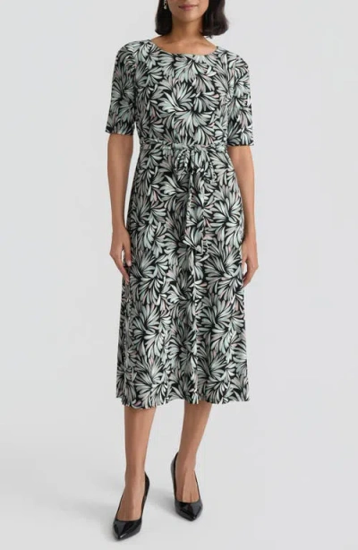Kasper Print Tie Belt A-line Dress In Black