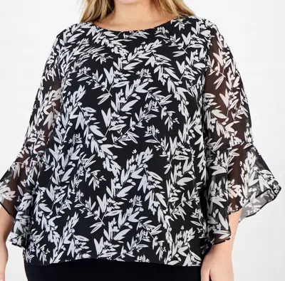 Kasper Printed Crewneck Ruffle Sleeve Blouse - Plus In Black/vanilla