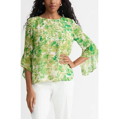 Kasper Printed Ruffle Sleeve Chiffon Top In Green