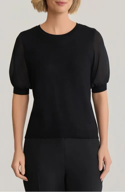 Kasper Ruffle Puff Sleeve Chiffon & Jersey Sweater In Black