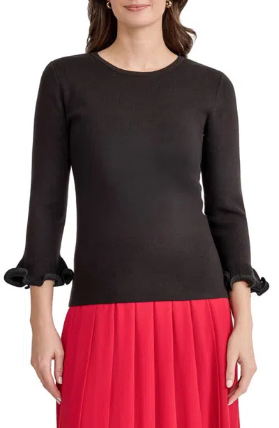 Kasper Sculptural Cuff Crewneck Sweater In Black
