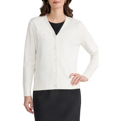 Kasper Sequin Floral Appliqué Cardigan In White