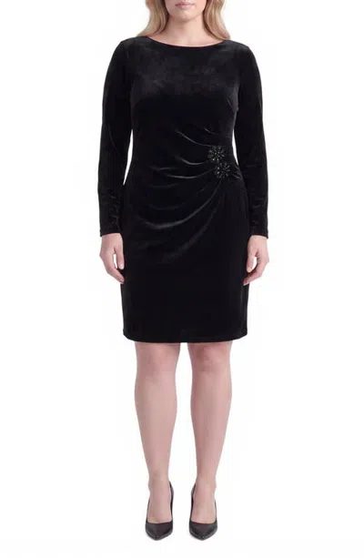 Kasper Side Pleat Velvet Long Sleeve Sheath Dress In Black