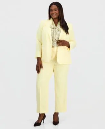 Kasper Single Button Blazer Tie Neck Blouse Slim Pants In Yellow