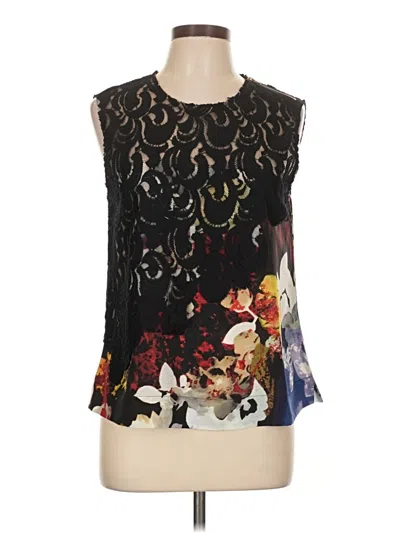 Pre-owned Kasper Sleeveless Silk Top Black Graphic Pattern Crew Neck Tops