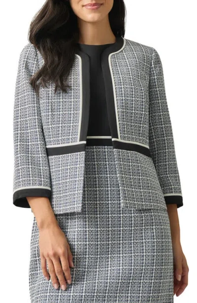 Kasper Womens Open Front Piped Trim Tweed Jacket Sleeveless Sheath Dress In Black Multi