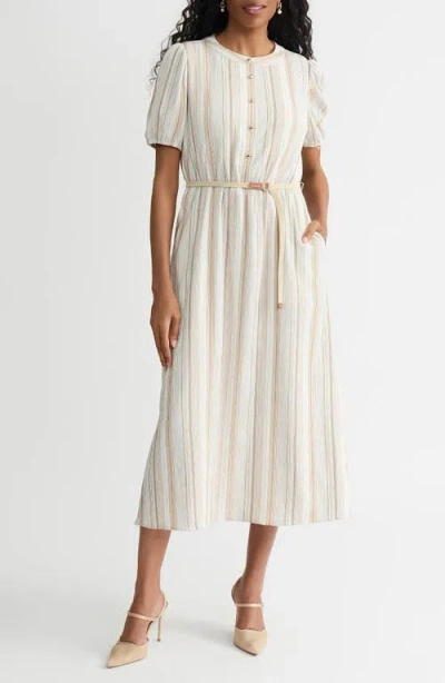 Kasper Stripe Short Sleeve Belted Shirtdress In White