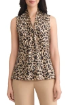 Kasper Sylvia Leopard Print Sleeveless Satin Top In Black