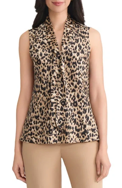 Kasper Sylvia Leopard Print Sleeveless Satin Top In Black