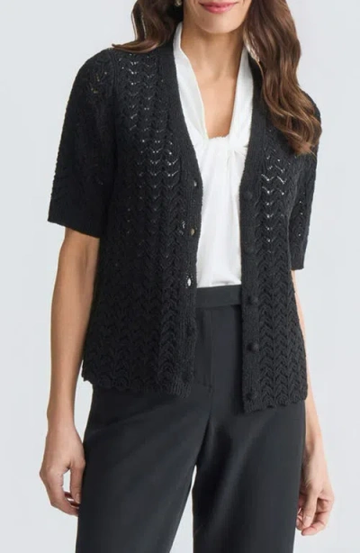 Kasper Texture Stitch Short Sleeve Cardigan In Black