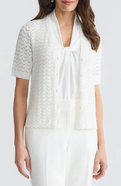 Kasper Texture Stitch Short Sleeve Cardigan In White