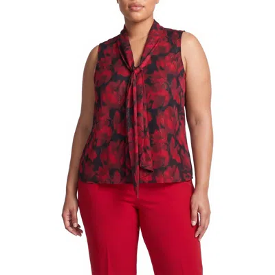 Kasper Tie Neck Sleeveless Metallic Chiffon Top In Red