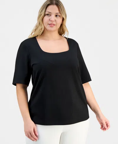 Kasper Trendy Plus Size Textured Square-neck Top In Black