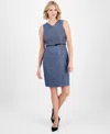 Kasper Petites Womens Tweed Sleeveless Fit & Flare Dress In California Sky,black