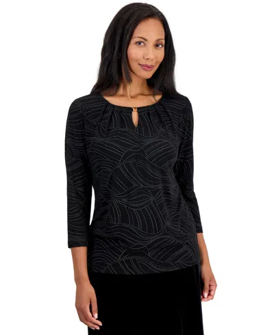 Kasper Women's 3/4-sleeve Pleated-neck Blouse In Black