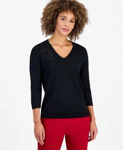 Kasper Women's 3/4-sleeve V-neck Lace-applique Sweater In Black