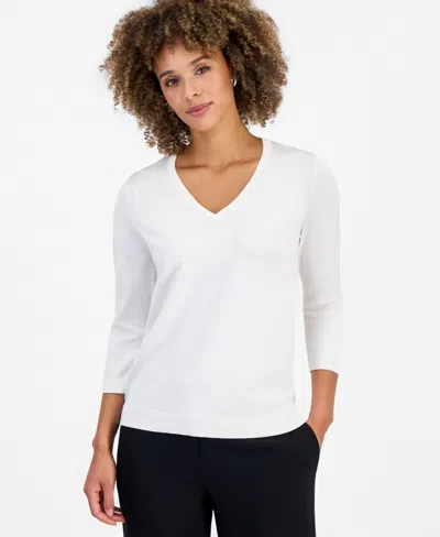 Kasper Women's 3/4-sleeve V-neck Lace-applique Sweater In White