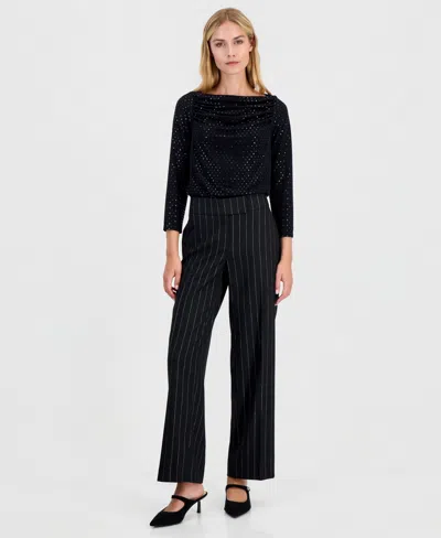 Kasper Women's Ava Pinstripe Mid Rise Wide Leg Pant In Black