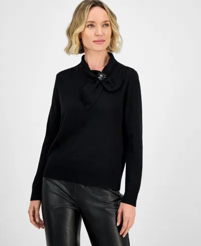 Kasper Women's Beaded-brooch Tie-neck Sweater In Black