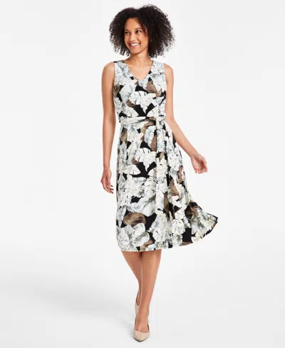 Kasper Womens Printed V-neck Midi Dress In Black,sea Glass Multi