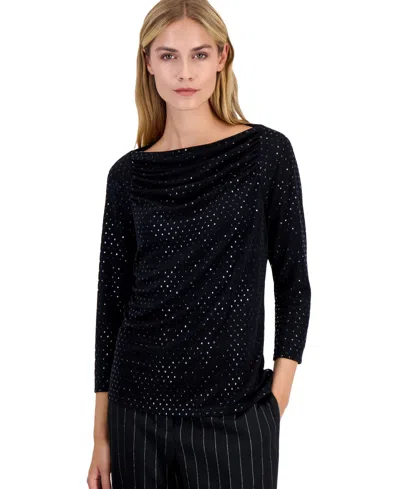 Kasper Women's Boat Neck 3/4-sleeve Shirred-front Blouse In Black