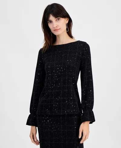 Kasper Women's Boat-neck Long-sleeve Plaid Sequin Top, Regular And Petite Sizes In Black