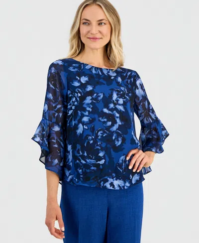 Kasper Women's Boat-neck Ruffle-sleeve Blouse In Blue