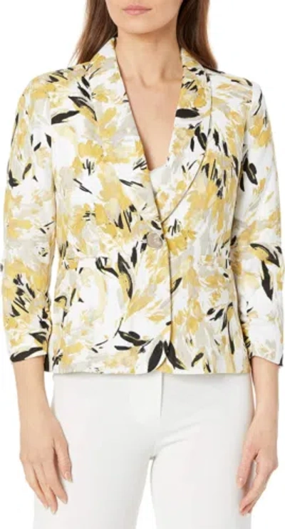 Pre-owned Kasper Women's Botanical Floral Printed Shawl Collar Jacket With Rouched... In Butterscotch Multi