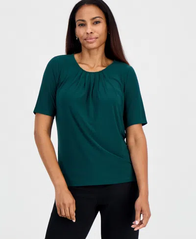 Kasper Women's Box-pleat Neck Elbow-sleeve Blouse In Green