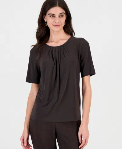 Kasper Women's Box-pleat Neck Elbow-sleeve Blouse In Brown