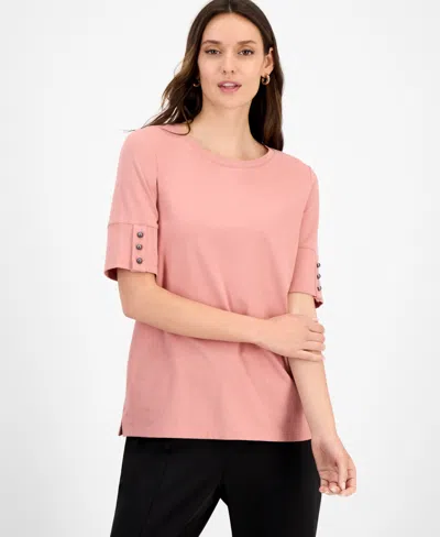 Kasper Women's Button-cuff Crewneck T-shirt In Pink