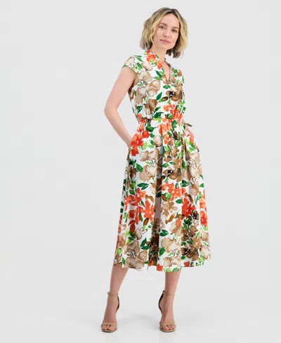 Kasper Women's Cap-sleeve Drawstring Midi Dress In Multi