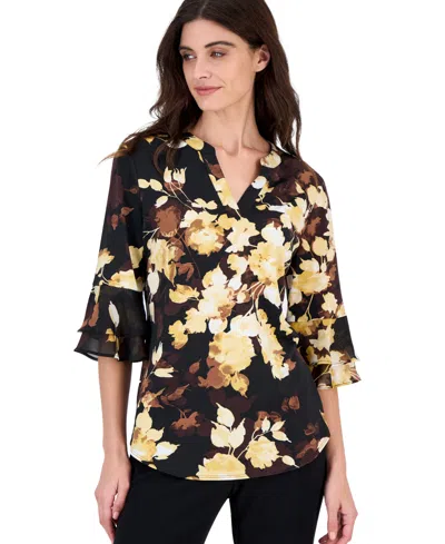 Kasper Women's Chiffon Floral-print Split Neck Tunic In Sepia Spice Multi