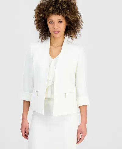 Kasper Women's Collarless 3/4-sleeve Zip-pocket Jacket In White