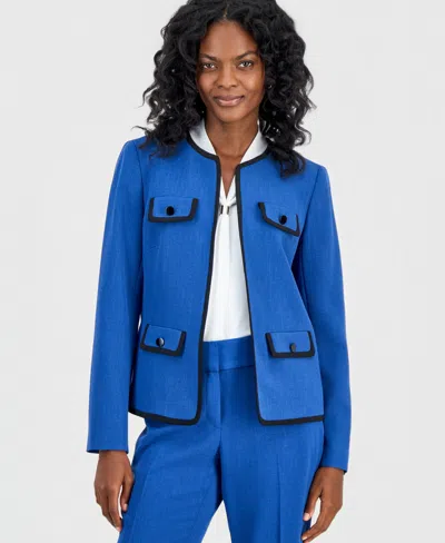 Kasper Women's Collarless Contrast-piping Jacket , Regular & Petite In Blue